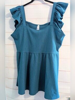 Nwot French Twist Teal Ruffle-Sleeve Women's Baby doll Tank Top Size 1X